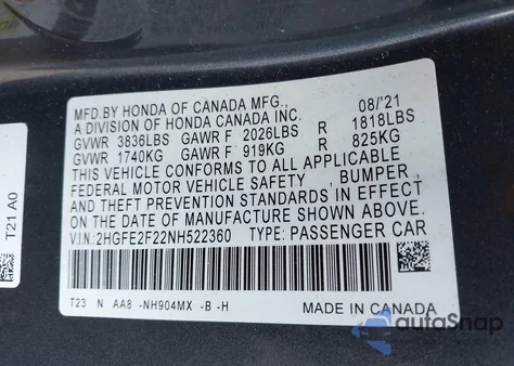 2022 Honda Civic Lx из США, поврежденный, VIN 2HGFE2F22NH522360